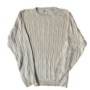 Barry Bricken Vintage 100% Silk Cable Knit Crewneck Sweater Beige Mens Large